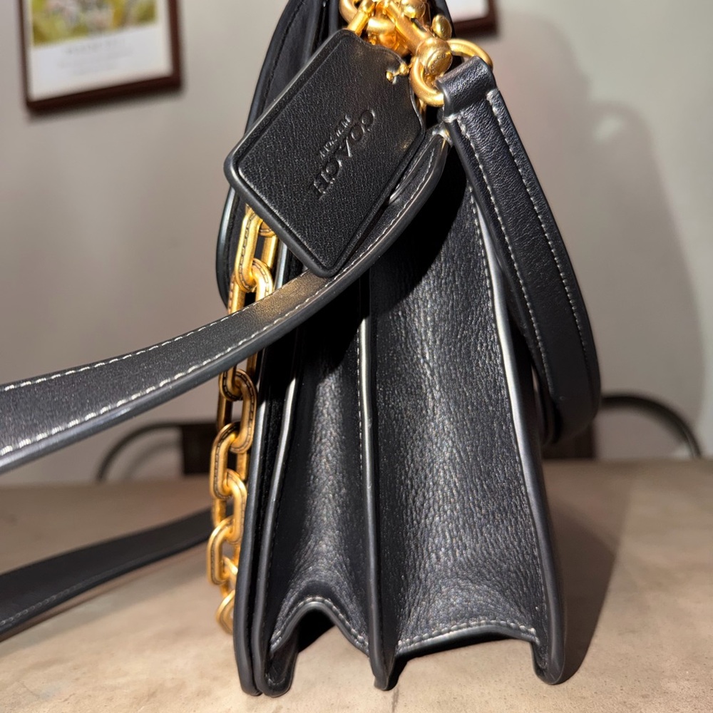 Coach Black Leather Shoulder Bag with Gold Hardware and Chain Accent - Picture 10 of 16